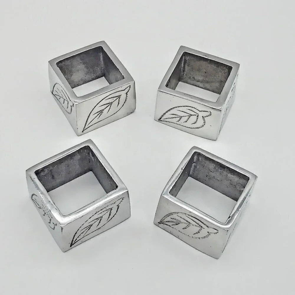 Pier 1 Silver Pewter Etched Leaves Square Napkin Rings